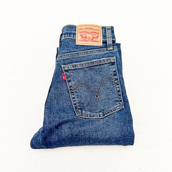 Levi's Wedgie Straight Dark Wash Button Fly Denim Jeans Raw Hem Size 24 - Picture 1 of 9